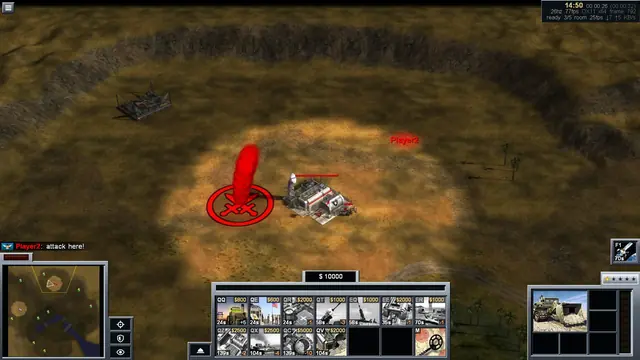 A red attack marker and a cursor labelled Player2 next to a building, with the chat line "attack here!"