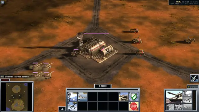 Four tanks beside a base and three enemy vehicles to the right, each marked as a target