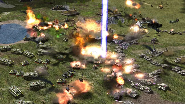A violet beam standing in the middle of dozens of tanks on a grassy plateau, explosions around it and a lake to the left