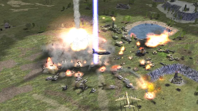 A white fireball and a violet beam over two tank armies on green ground, a lake behind and bombers low across the bottom edge