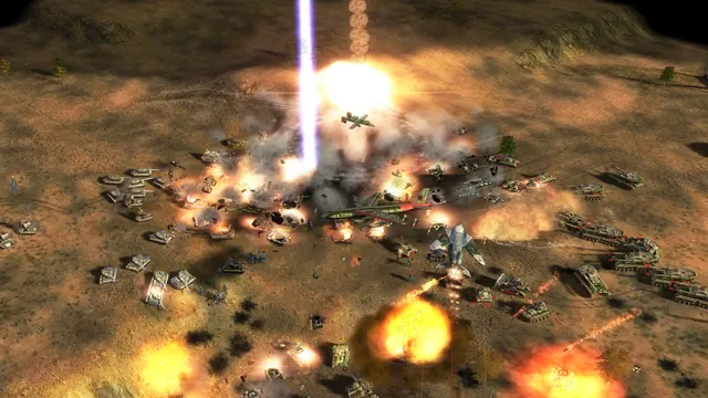 A beam coming down through smoke over a tank battle, two jets low over the fighting and fires on the ground