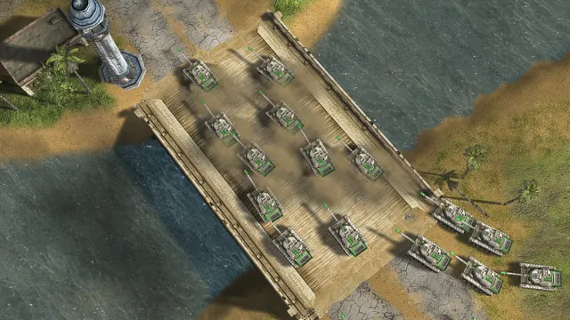 A wooden bridge over a river seen from straight above, rows of tanks spread across the full width of the deck