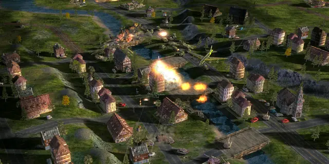 A river town with stone bridges, a jet overhead and an explosion among the houses