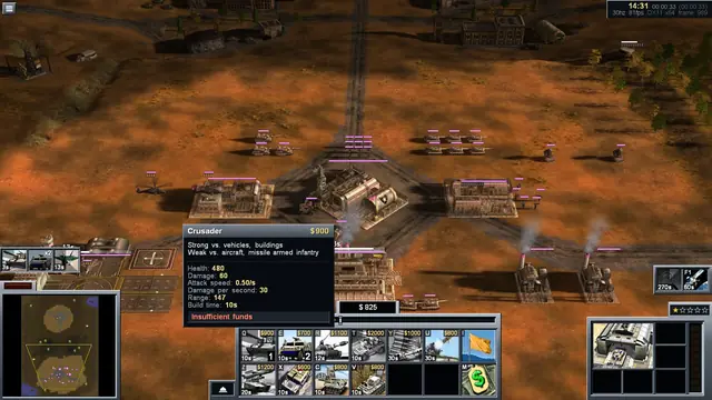 A tooltip above the command bar listing the Crusader tank's statistics