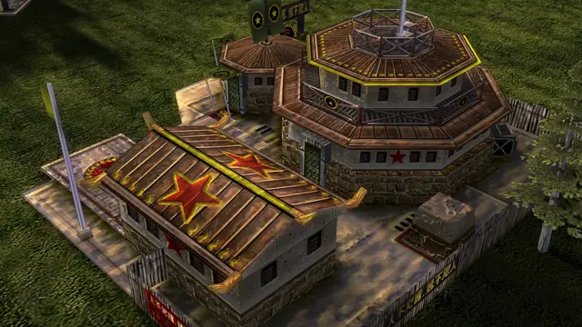 Close view of a Chinese command center, a red star painted on its sloped roof
