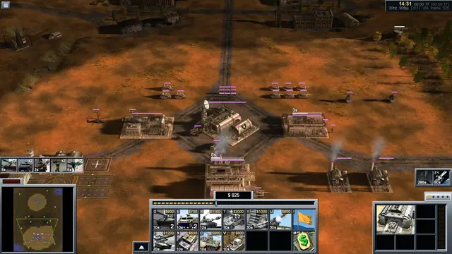 The in-game command bar below a desert base: minimap, a grid of build buttons and the unit portrait