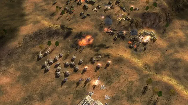 A wide group of tanks advancing across open ground towards a fight