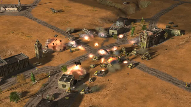 A desert town from above, tanks and explosions filling the crossing between sand-coloured buildings