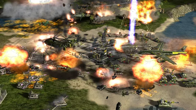 A violet beam coming down among oil derricks, a green bomber and a helicopter over a crowded battle, fireballs on the sand and the sea behind