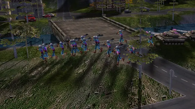 A line of infantry on a road by a bridge, their long shadows falling across the grass