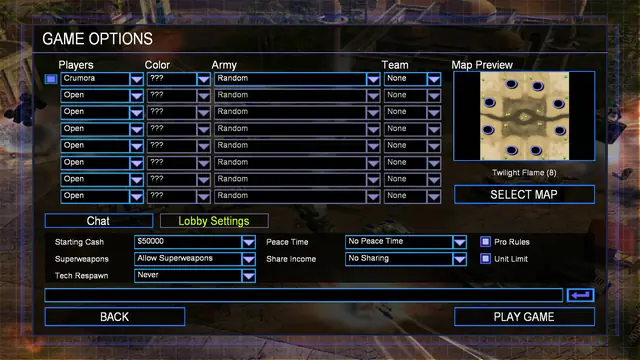 The Game Options screen: player slots, map preview and the lobby settings below
