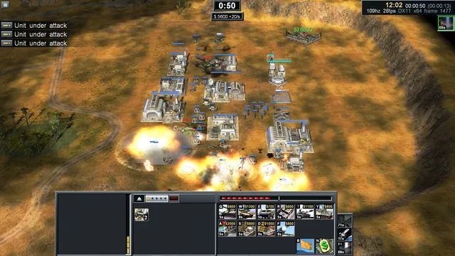 Pale American buildings in a desert crater, explosions along the base's lower edge and the command bar below