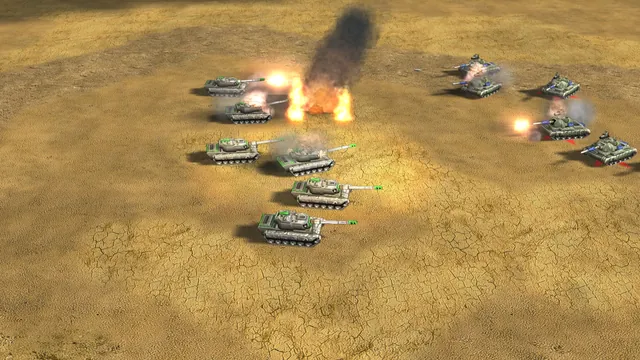Tanks firing across dry yellow ground, a fire with a tall black smoke column between the two groups