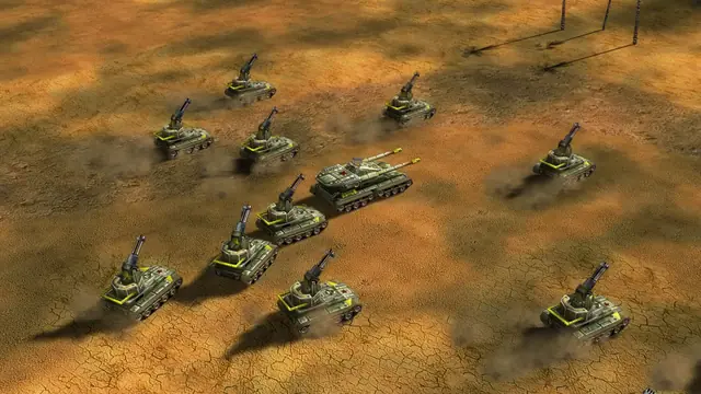 Gattling tanks driving on both sides of a larger Overlord tank over cracked desert ground