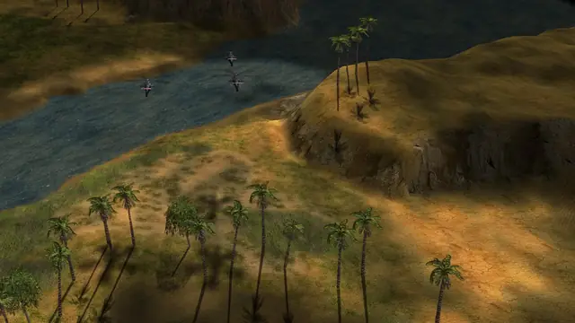 Palm trees throwing long shadows over a grassy hill beside a river