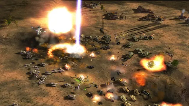 A glowing vertical beam striking a desert battlefield crowded with tanks