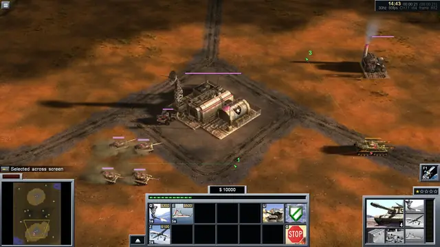 Four selected tanks next to a base, numbered waypoint markers drawn on the ground