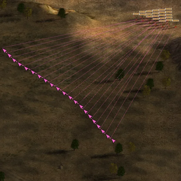 Pink lines fanning from a group, one station each, on an attack-move drag.