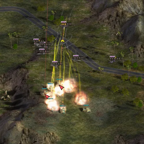 Artillery firing into a group, the shots of an attack circle.
