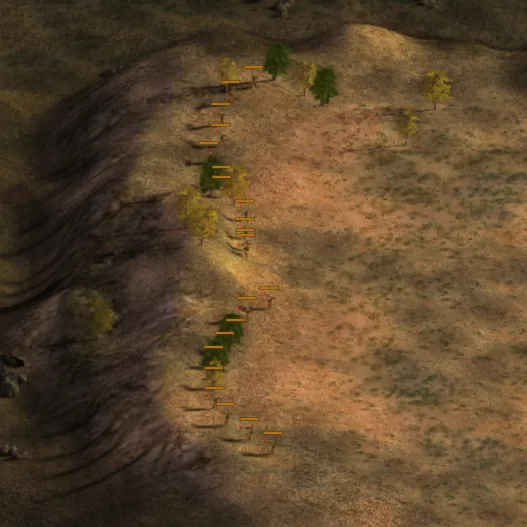 Infantry posted in a column along a ridge.