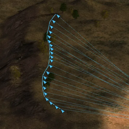 Blue lines fanning out to the stations of a guard drag.