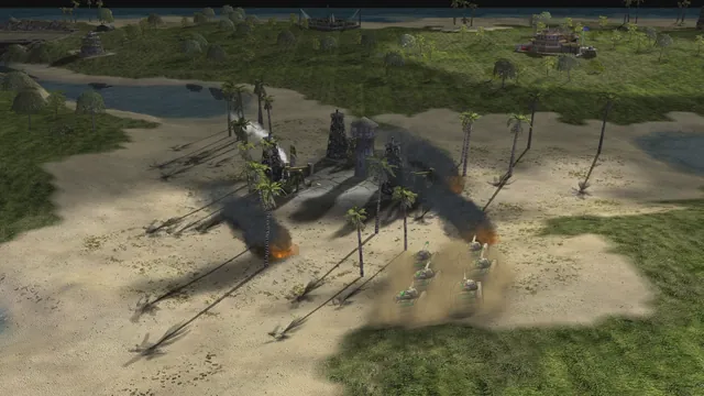 Dark smoke columns rising from fires beside oil derricks and palms, their soft shadows stretched across pale sand towards a group of tanks