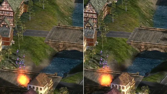Two halves of one frame side by side, a stone bridge, houses and a fire in each