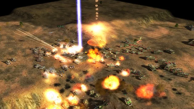 A violet beam striking a desert battlefield, a bomber over a line of green tanks and fireballs across the ground