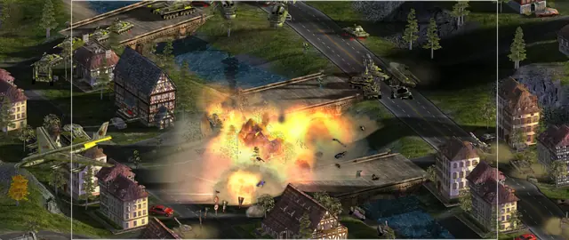 A wide shot of a village under bombardment, a thin white box marking the narrower 16:9 area