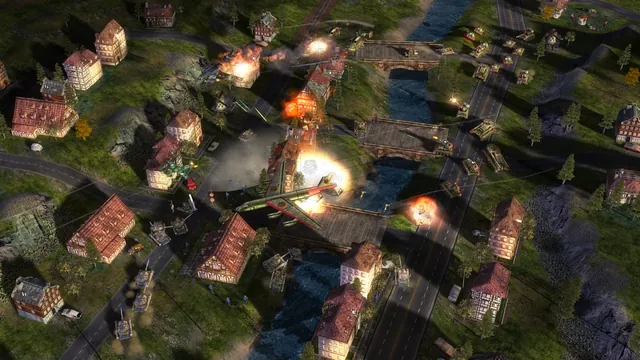 Half-timbered houses along a river, a bomber over the roofs and tanks crossing two bridges