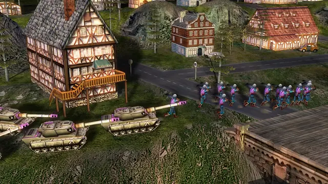 Tanks and a squad of infantry on a street of half-timbered houses, seen up close