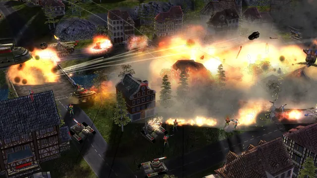 Burning houses and a long wall of flame across a street, soldiers and tanks among the smoke