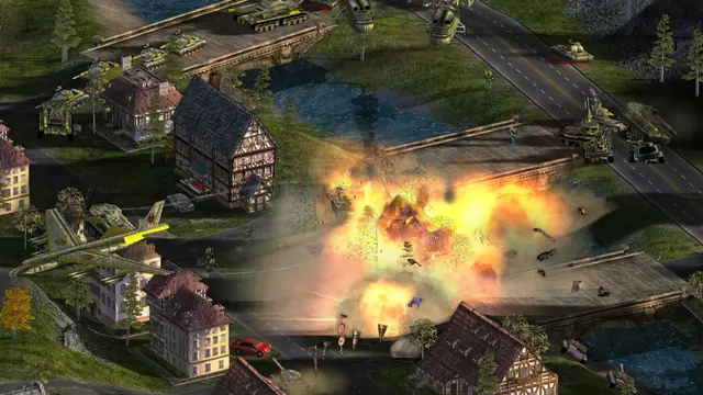 A wall of explosions between the houses of a river village, a bomber at the lower left
