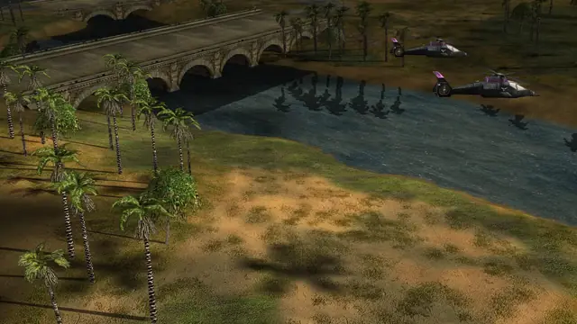 An arched stone bridge and palm trees mirrored in a river, two helicopters over the water